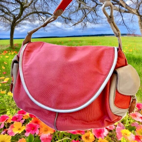 Cole Haan Shoulder Bag Hobo Flap Top Leather Trim orange nylon - Picture 5 of 14